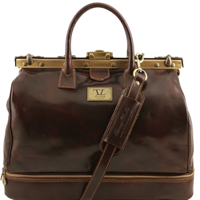 Tuscany Leather Barcellona - Gladstone læder taske med dobbelt bundg i farven mørke brun